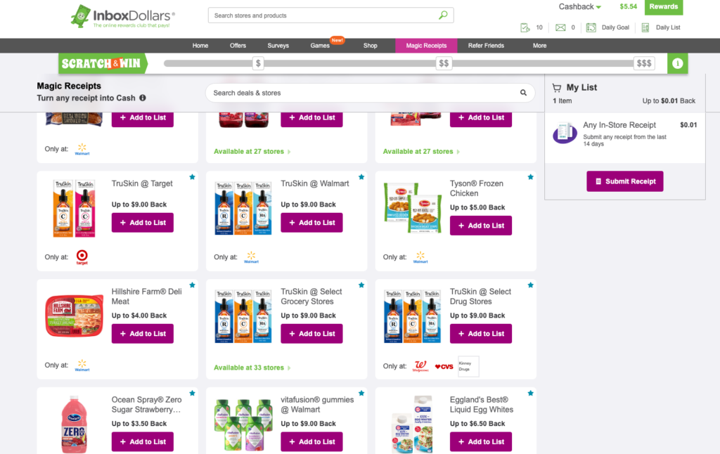 image of cashback at walmart and other store cashback offer show in the inbox dolars.com site