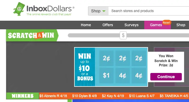 InboxDollars Scratch and Win feature on mobile device showing virtual scratch card.