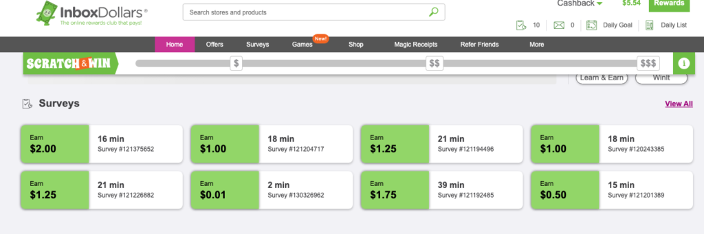 inbox dolars survey taking task showing $2 and other amount for completing sruverys.
