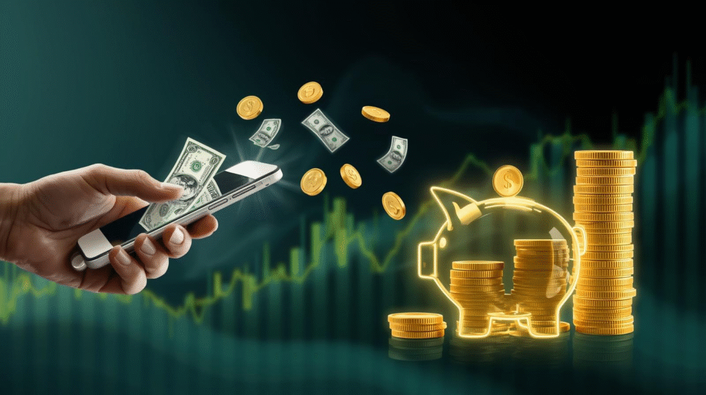 Smartphone screen with money flowing into a piggy bank, symbolizing funding a savings challenge with cashback apps.