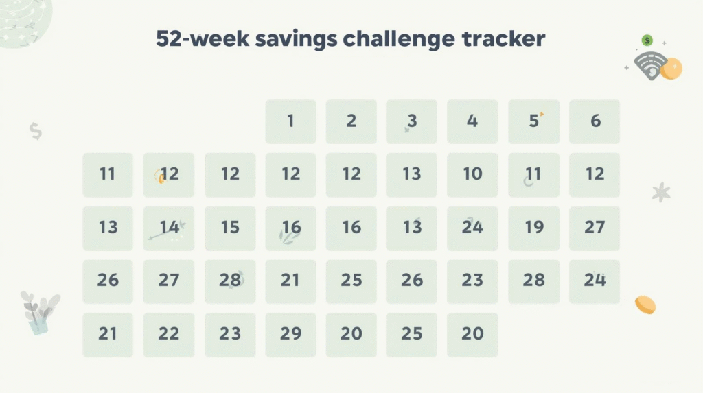 Graphic illustrating a 52-week savings challenge tracker with checked-off weeks and money icons.