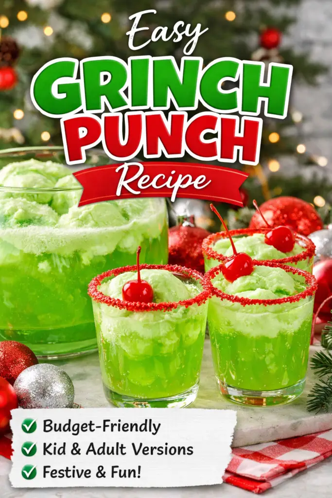 Green Grinch Punch in clear glasses with red sugar rims and cherries, festive Christmas holiday drink recipe.