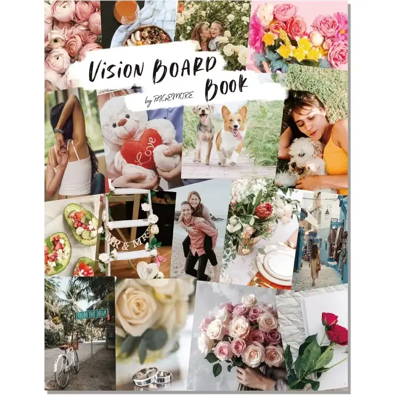 Vision board picture showing financial stability with savings jar and tidy workspace