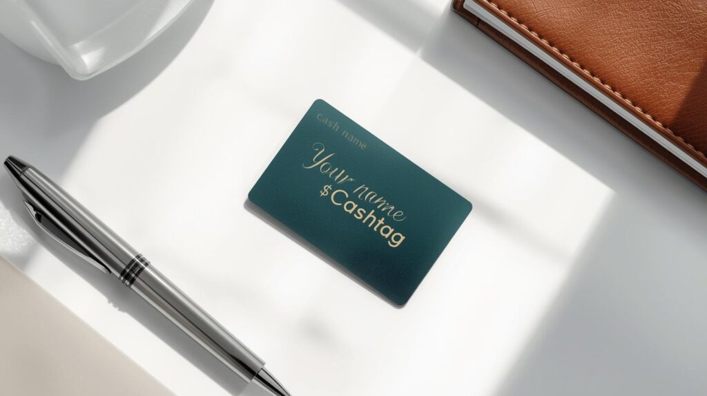 Professional 'Hustle' Cash App card design idea featuring a sleek dark base with a custom gold-style cursive Cashtag signature for small business owners