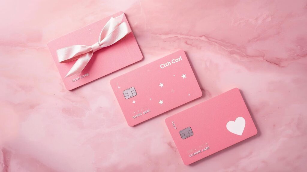 Aesthetic pink Cash App card design ideas featuring a coquette bow, minimalist stars, and a simple white heart on a marble background.