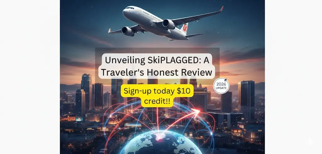 Skiplagged review showing a sign-up bonus of $10 credit and a traveler's honest review guide.