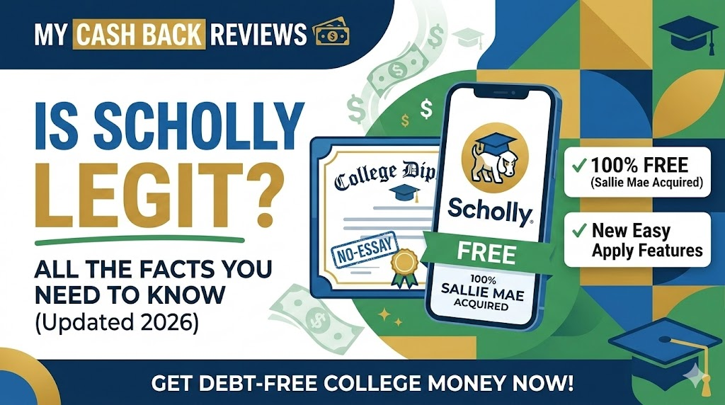 Scholly app interface showing 4.1 star rating and 2026 update for free college scholarships by Sallie Mae