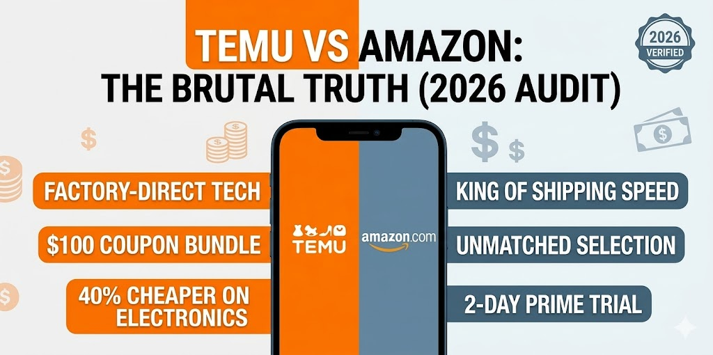 2026 audit image comparing the $100 Temu coupon bundle with Amazon Prime value for tech and electronics savings.