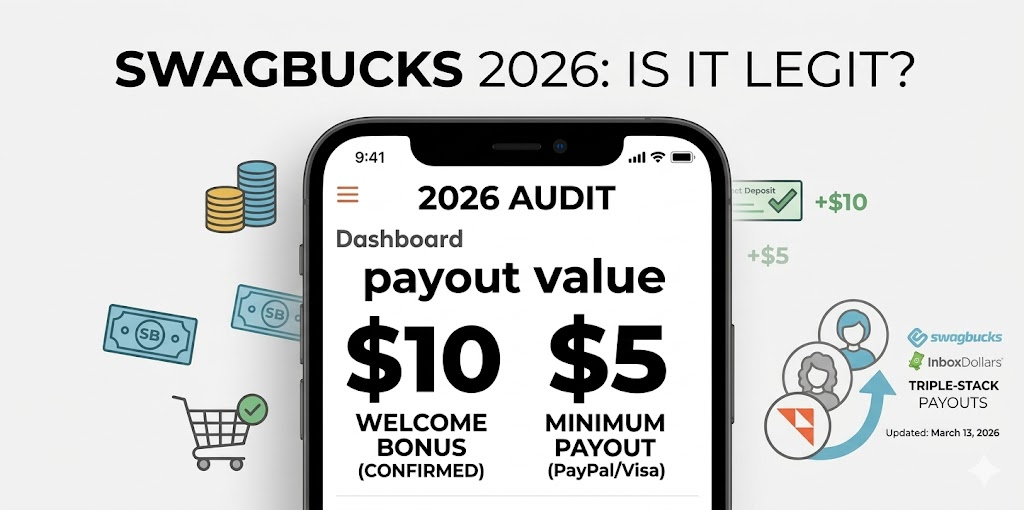 2026 Swagbucks Audit asking 'Is it still worth it?', contrasting updated $10 welcome bonus and $5 minimum payout.