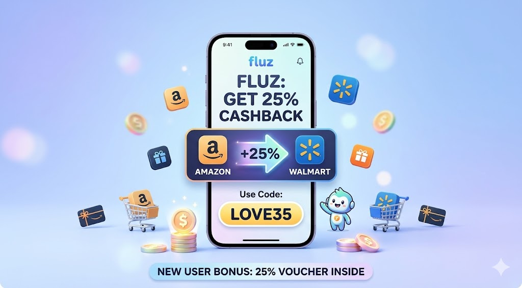 Fluz app interface on a smartphone displaying a 25% cashback offer for Amazon and Walmart with referral code LOVE35, surrounded by floating gift cards and shopping icons.