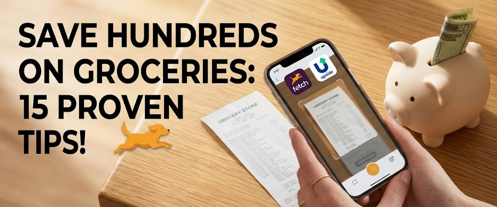 martphone scanning a grocery receipt with Fetch and Upside app icons, a piggy bank with cash