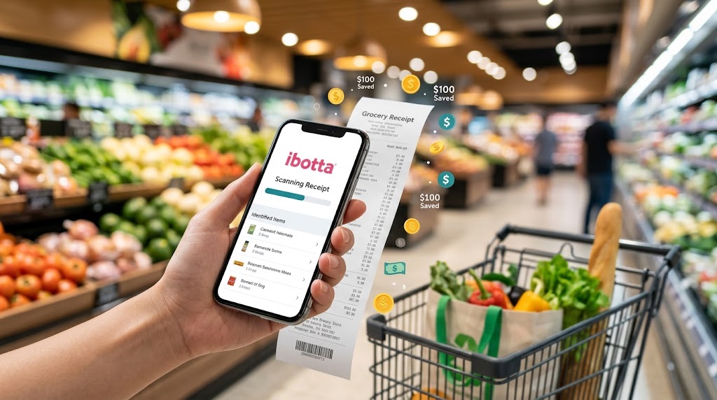 A close-up of a person using a smartphone app to scan a receipt in a supermarket aisle to save money on groceries.
