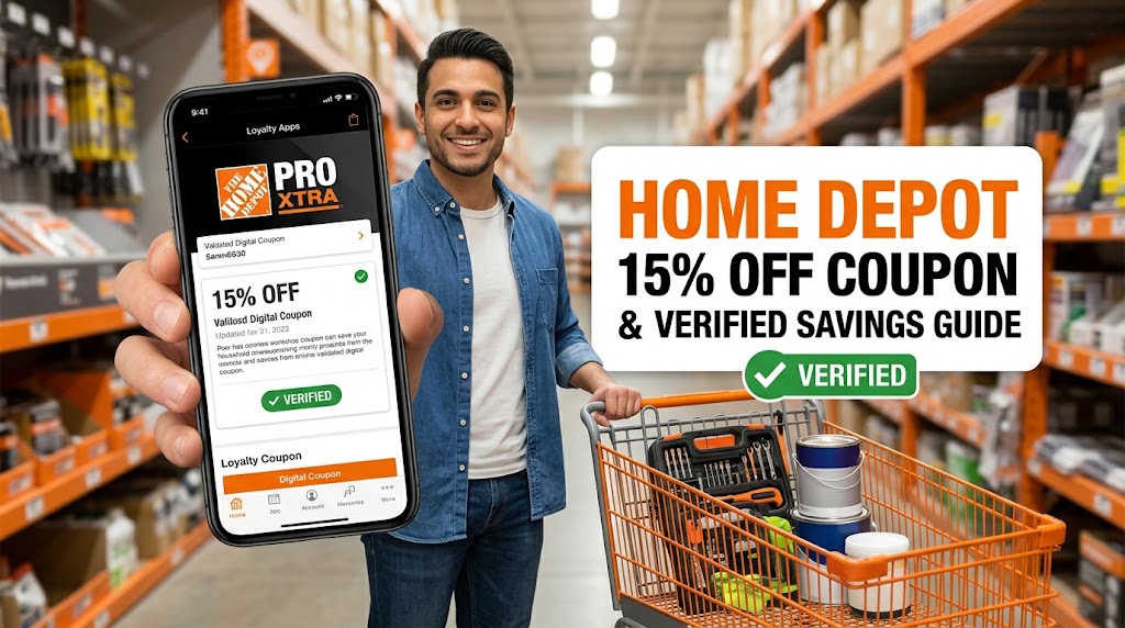 Man holding smartphone displaying Home Depot Pro Xtra loyalty rewards and digital savings guide inside a hardware store aisle.