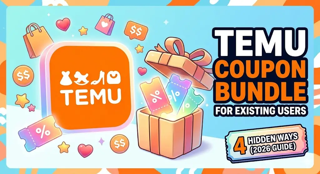 A colorful mobile app layout showing a Temu coupon for existing users popping out of a gift box next to discount tickets.