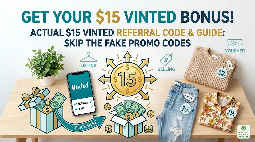 Vinted referral code guide layout showing step by step process to get a fifteen dollar sign up bonus voucher