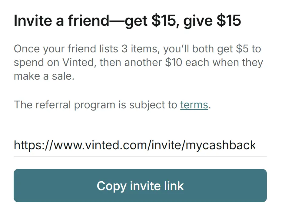 Vinted referral program dashboard showing fifteen dollar sign up bonus