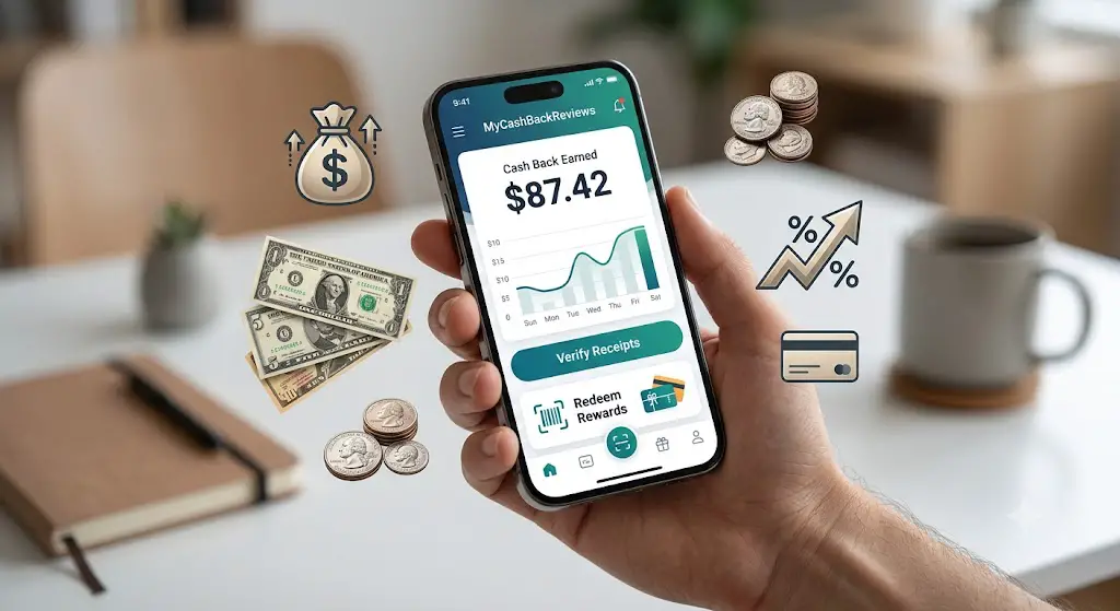 Smartphone displaying a cashback app dashboard showing $87.42 in earnings with icons for receipt verification and savings.