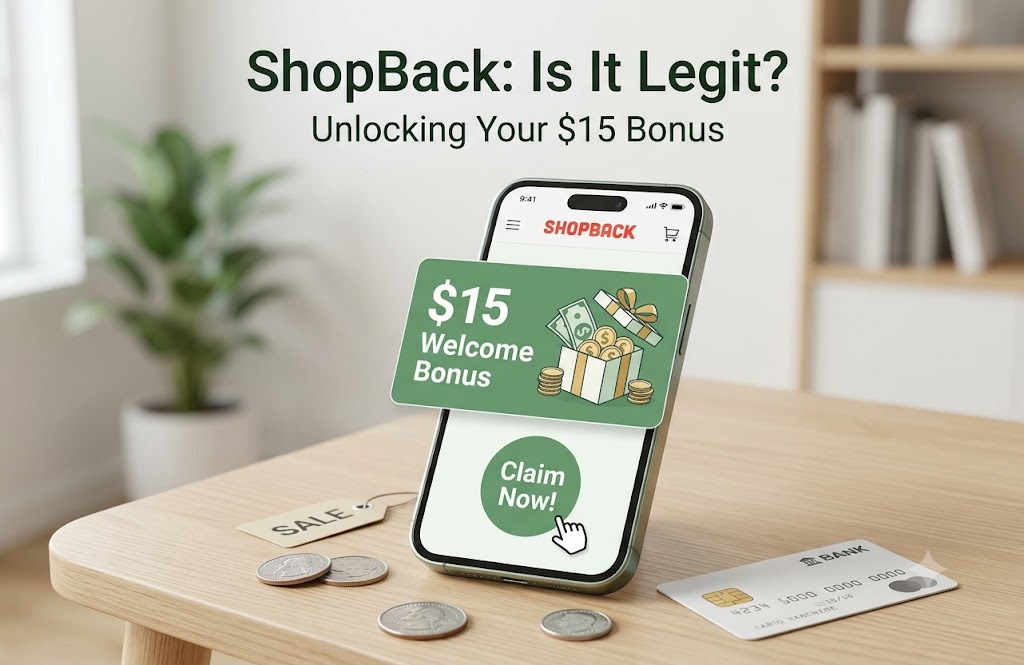 ShopBack review and $15 welcome bonus audit illustration showing a mobile app with cash back rewards on a wooden desk.