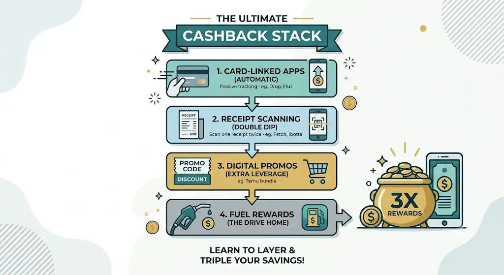 Infographic detailing "The Ultimate Cashback Stack" blueprint in 4 steps: Card-Linked Apps, Receipt Scanning, Digital Promos, and Fuel Rewards.