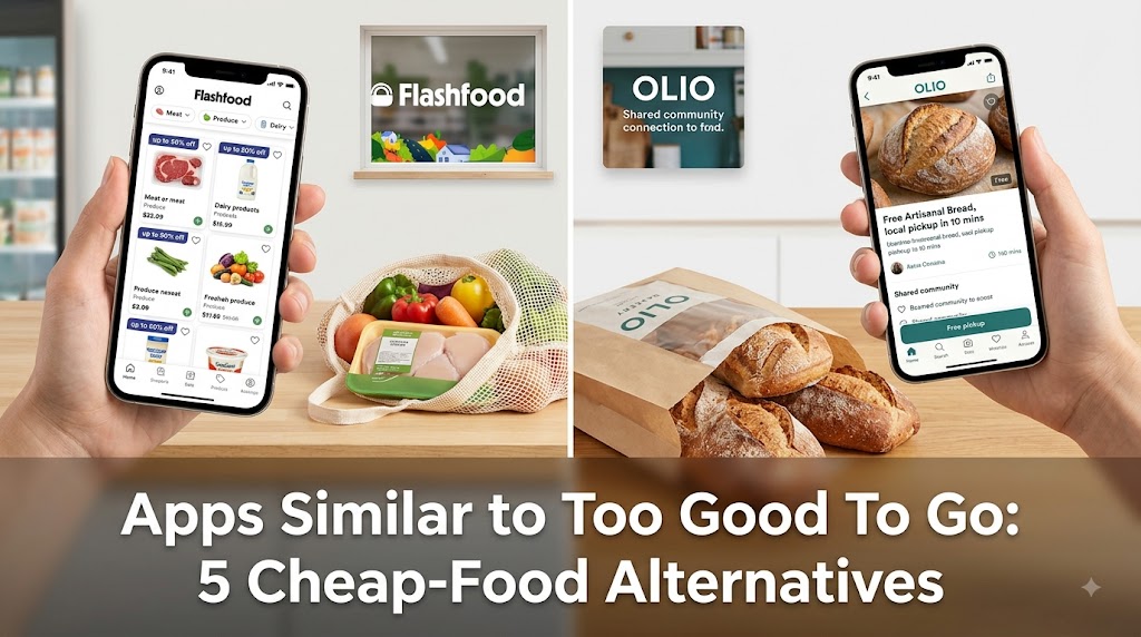 The featured image shows a smartphone displaying the Flashfood app on the left and the OLIO app on the right, as examples of apps similar to Too Good To Go.