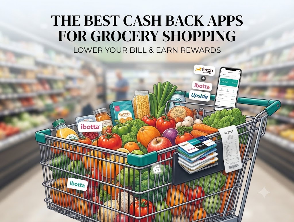 A grocery cart overflowing with fresh produce and packaged foods representing various cash back grocery apps.