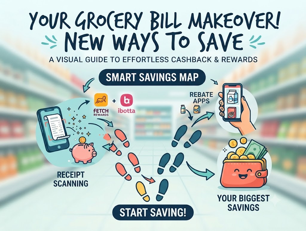 A visual diagram illustrating the journey of using various money-saving apps like Ibotta and Fetch Rewards for grocery shopping, leading to cashback and rewards